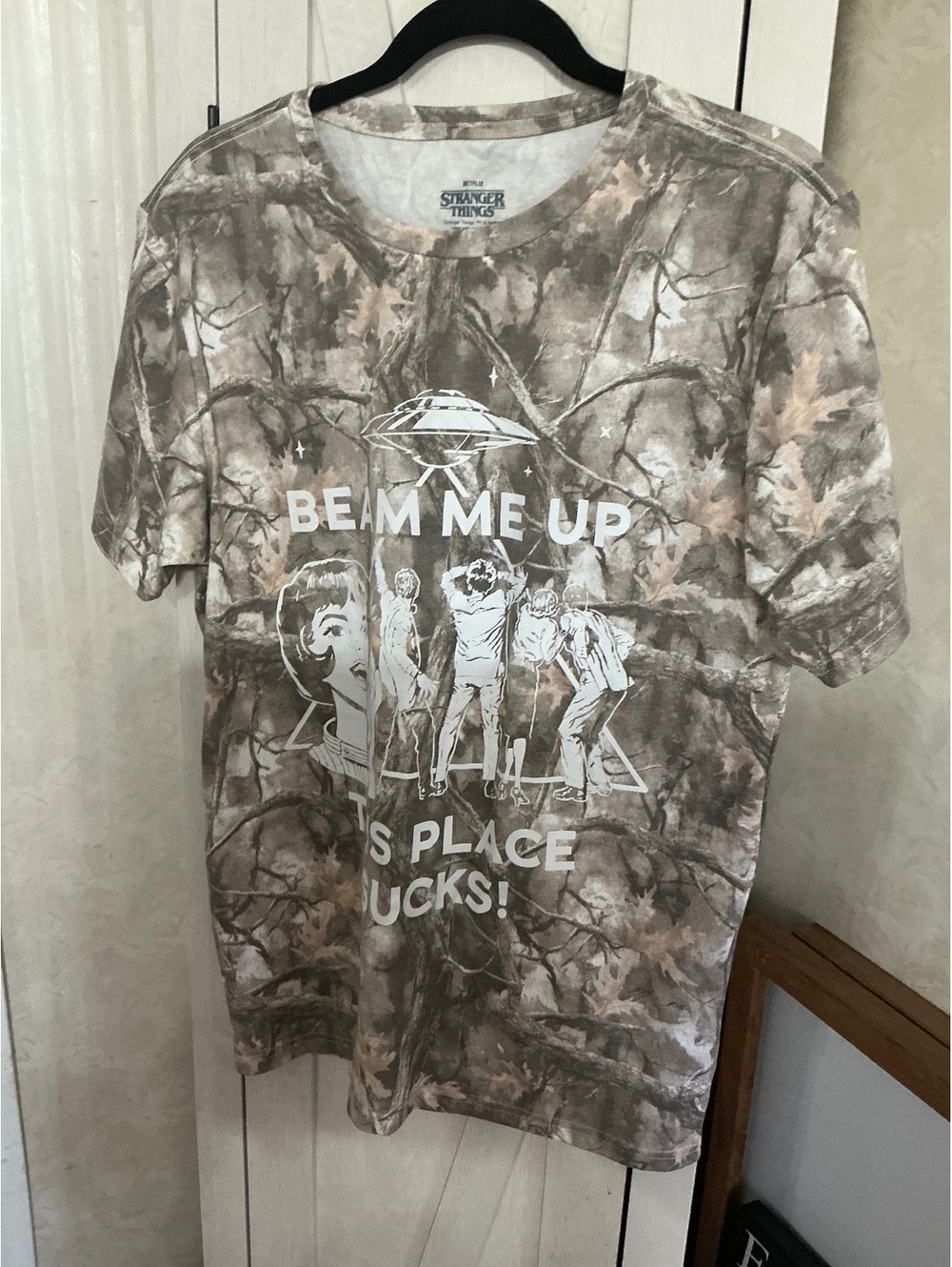 Stranger Things Medium Brown Camouflage Graphic T-Shirt - 'Beam Me Up’